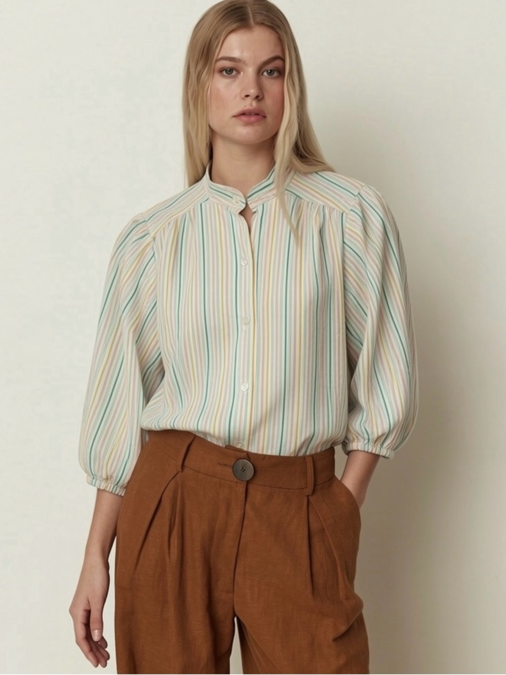 80s Gathered Puff Sleeve Blouse Striped Mandarin Collar Button Up Medium